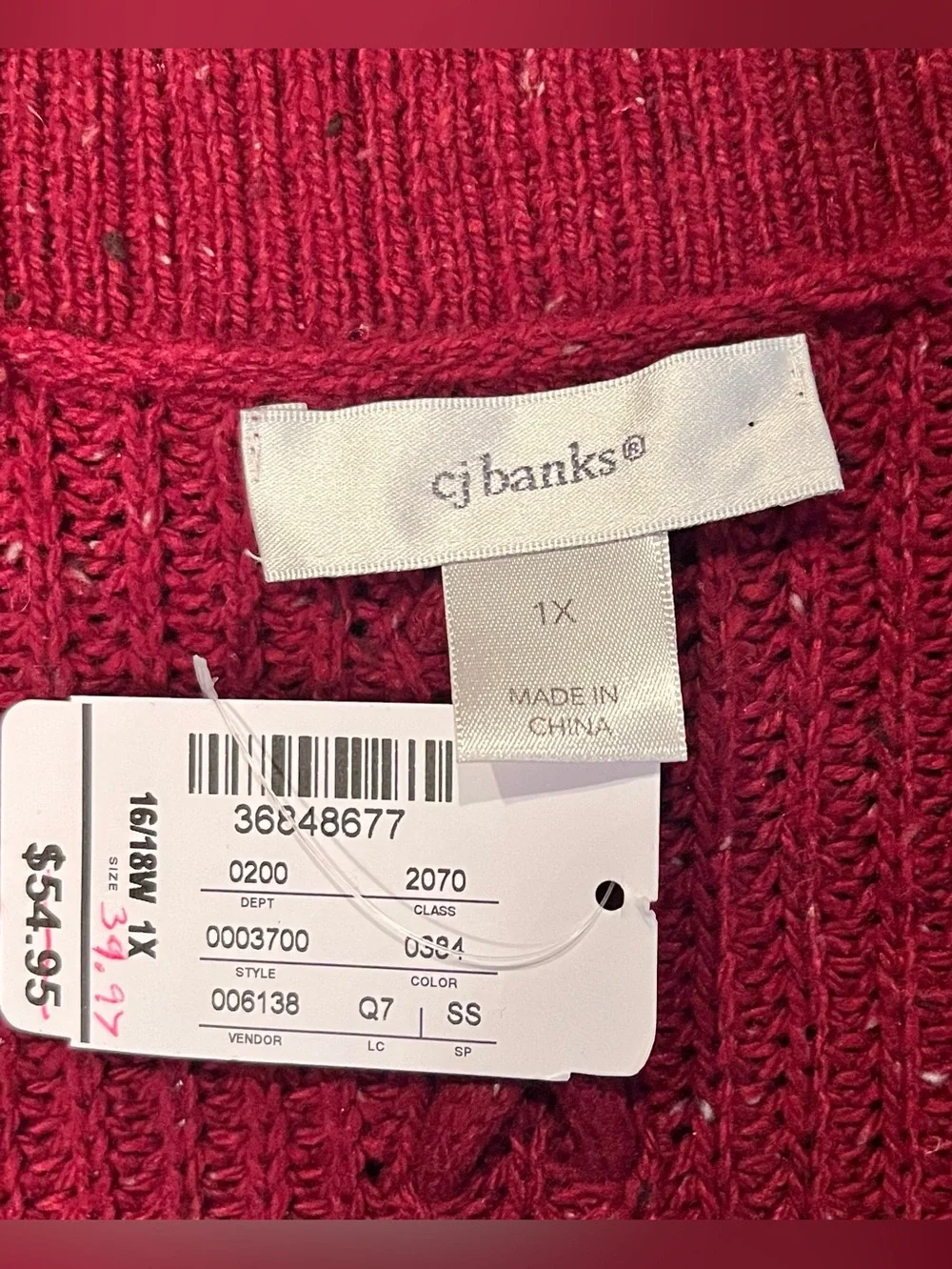 C J Banks Open-Front Marbled Cable Knit Cardigan Sweater In Burgundy Size 1X New